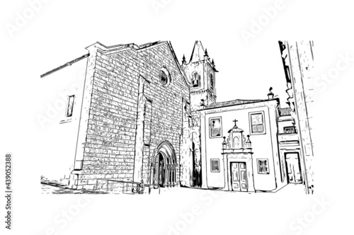Building view with landmark of Guimaraes is a city in northern Portugal. Hand drawn sketch illustration in vector.