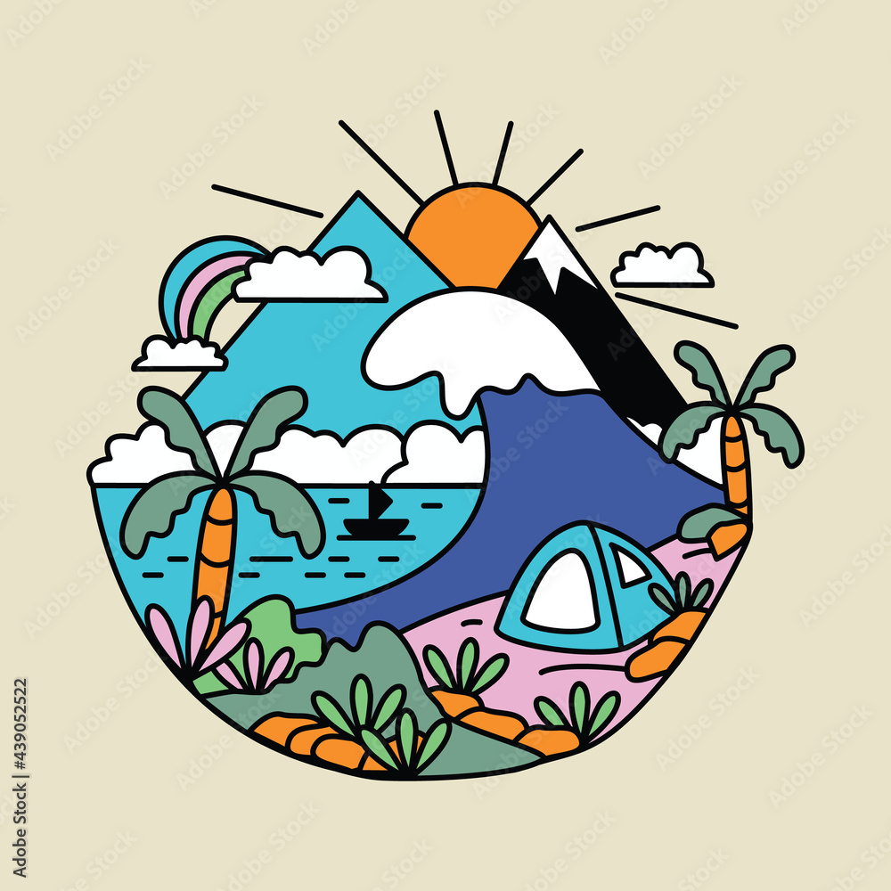 Fototapeta premium Beach sea camping nature adventure surf great wave graphic illustration vector art t-shirt design
