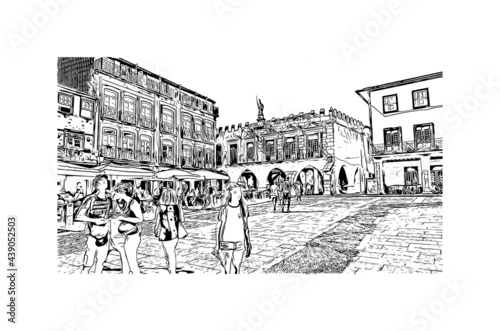 Building view with landmark of Guimaraes is a city in northern Portugal. Hand drawn sketch illustration in vector.