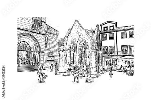 Building view with landmark of Guimaraes is a city in northern Portugal. Hand drawn sketch illustration in vector.