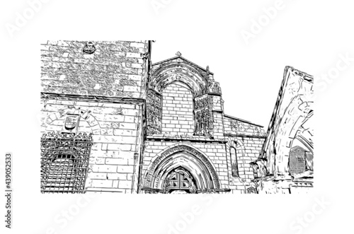 Building view with landmark of Guimaraes is a city in northern Portugal. Hand drawn sketch illustration in vector.