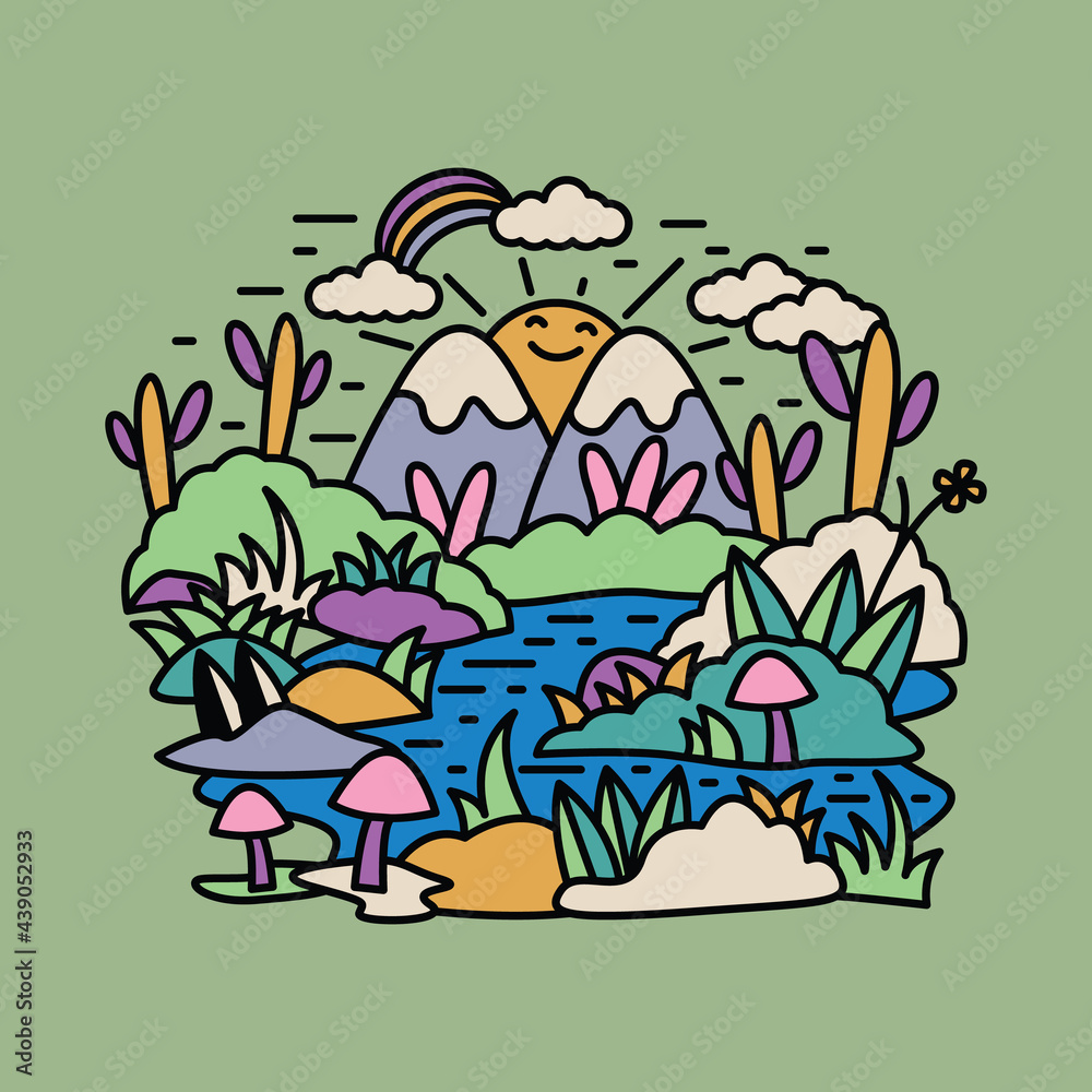 Nature adventure wild mountain river colorful graphic illustration vector art t-shirt design