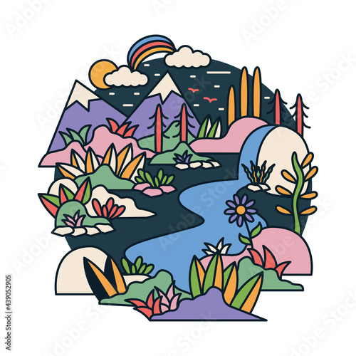 Nature adventure wild mountain river mountain colorful graphic illustration vector art t-shirt design