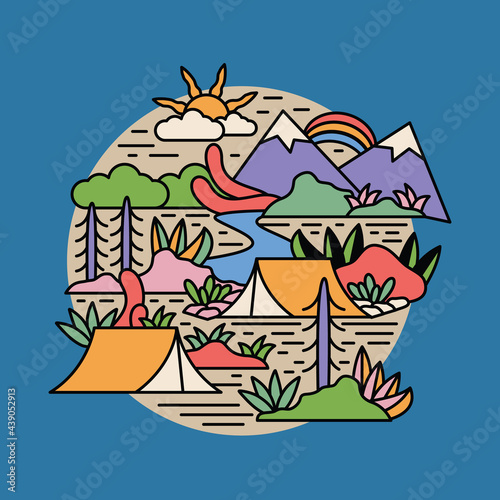 Camping nature adventure wild river mountain colorful graphic illustration vector art t-shirt design