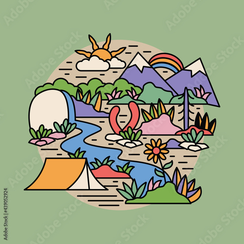 Camping nature adventure wild river mountain colorful graphic illustration vector art t-shirt design