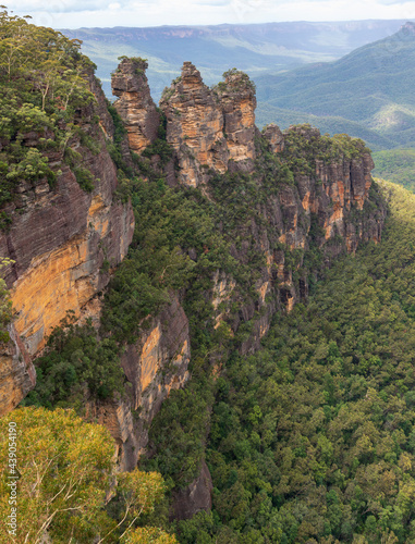 Australia, New South Wales, Three Sisters rock formation in Blue Mountains National Park seen from Echo Point Lookout photo