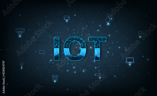 IOT concept design. Symbol IOT connected with icons of typical on dark blue background.Internet of things user connecting interconnecting with everyday objects with network. 