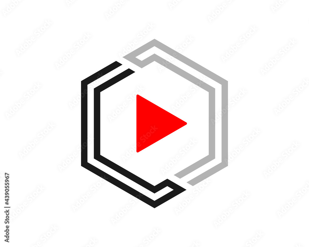 Hexagon line with play button in the middle Hexagon line with play button in the middle