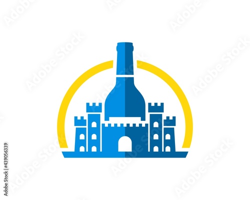 Ancient fortress with wine bottle on the top with yellow circle shape