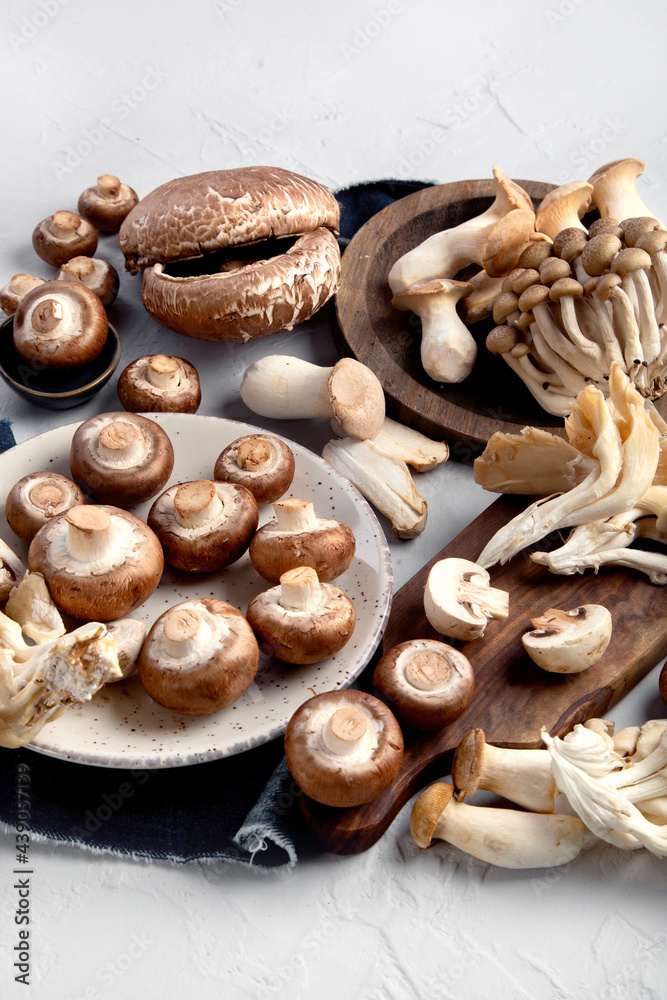 Variety of raw mushrooms on light gray background. Variety of raw mushrooms on light gray background.