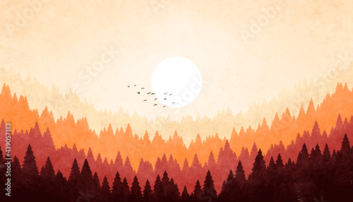 Grunge watercolor illustration of a forest in red-brown-beige color. Background of hills at sunset in earth tones