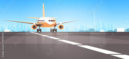 airport terminal with aircraft flying plane taking off cityscape background