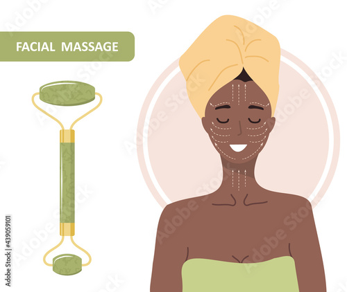 Jade facial roller. Chinese gua sha massage. African woman portrait with lymphatic massage scheme. Chinese skin care concept. Morning routine. Vector illustration in flat cartoon style.