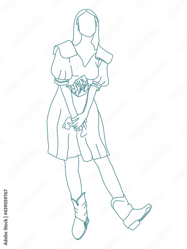Freehand sketch woman holding bouquet , girl portrait collection.