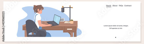 young woman freelancer sitting at workplace using laptop coronavirus quarantine freelance concept