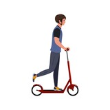 young guy riding a scooter, a man in a protective helmet riding a kick scooter, simple flat style, vector illustration isolated on white