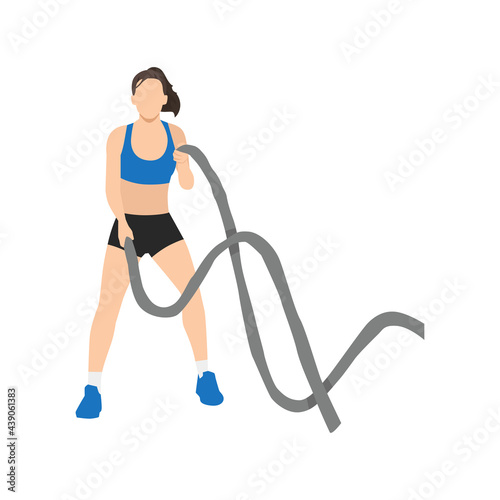 Woman doing Battle rope snakes exercise. Flat vector illustration isolated on white background