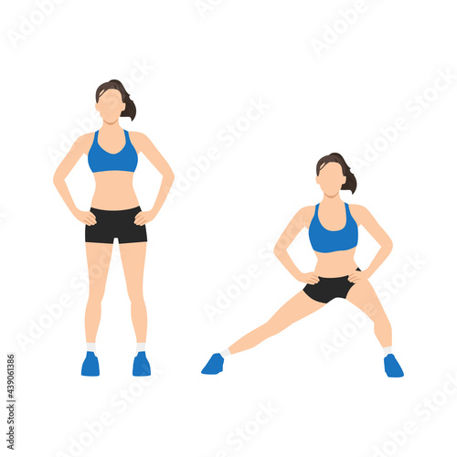 Woman doing Body weight side steps. Lateral lunges exercise. Flat vector illustration isolated on white background