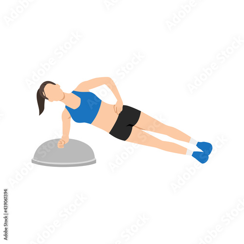 Woman doing Bosu ball side plank exercise. Flat vector illustration isolated on white background