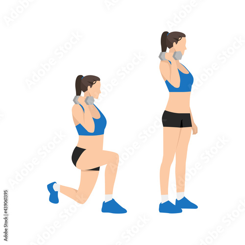 Woman doing Quadriceps offset dumbbell lunge exercise. Flat vector illustration isolated on white background