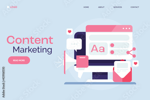 Content marketing, content strategy business communication, engaging web content, email content and social media content marketing solution. Flat design web banner template.