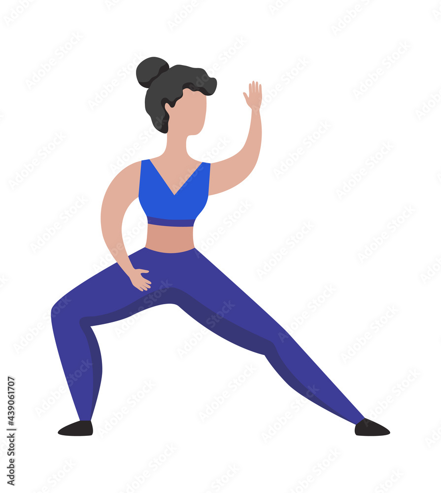 Girl doing fitness exercise. Sport activity. Cartoon woman practicing yoga or qigong. Character standing in asana. Isolated teenager training. Gymnastic workout. Vector healthy lifestyle