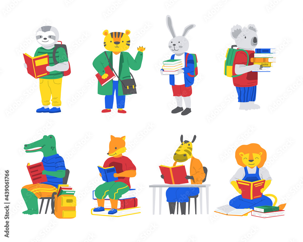 Fototapeta premium Animals with books. Cartoon characters go back to school. Crocodile and fox read. Koala or rabbit carry stacks of textbooks. Tiger and lion study. Happy creatures set. Vector education