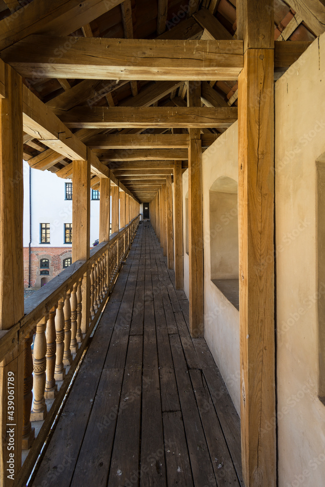 A wooden porch in Mir castle, Belarus