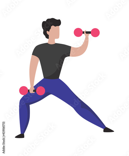 Man with dumbbells. Sport training. Cartoon athletic character lifting weights. Isolated bodybuilder doing exercises. Powerlifting workout. Vector muscular sportsman holding barbells