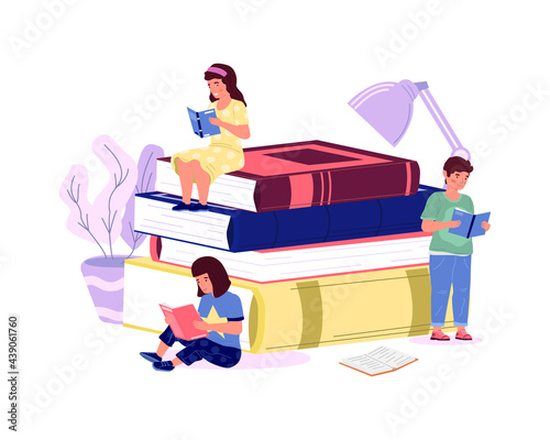 Kids with books. Cartoon boys and girls read. Home education concept. Smart pupils study or prepare school homework. Children enjoy of fictional literature. Vector stack of textbooks