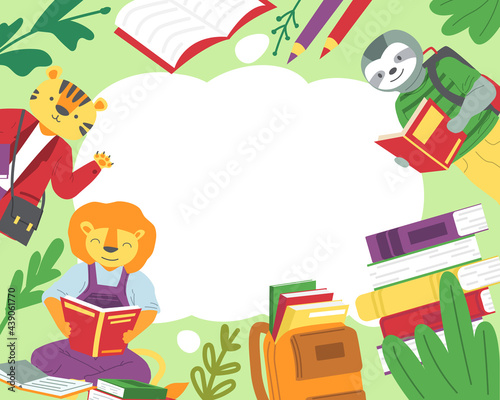 Animals read books background. Cartoon sloth and lion studying textbooks. Tiger greeting waves hand. Back to school concept. Frame mockup with copy space. Vector education for children © SpicyTruffel