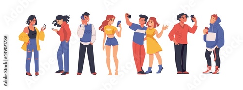 Social media people. Cartoon men or women using smartphones for selfie, messages, and communication. Teenagers chatting. Young characters holding phones. Vector persons with gadgets set