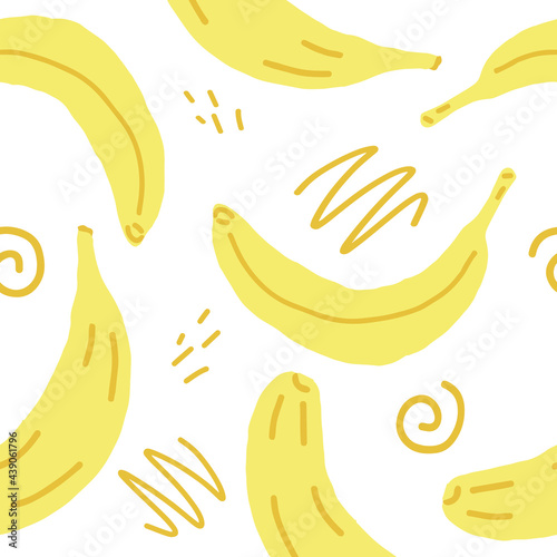 bananas and doodles vector seamless pattern. hand drawn. illustration for wallpaper, wrapping paper, textile, background. yellow juicy summer fruit.