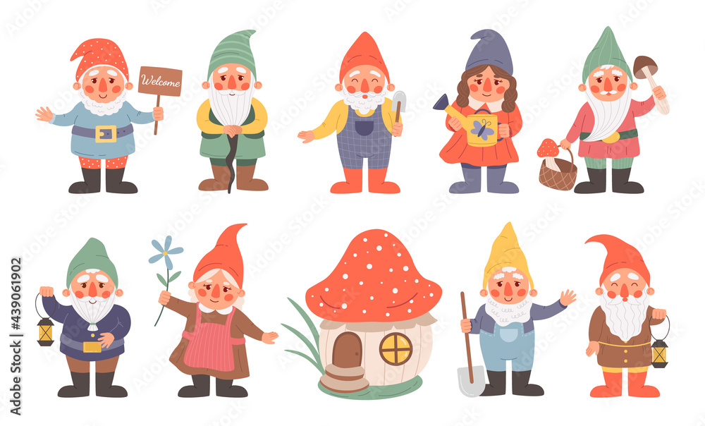 Fairy dwarf. Cartoon gnome characters with funny hats. Little magical bearded midgets. Isolated fictional lilliputians greeting waving hands. Mushroom house. Vector garden figures set