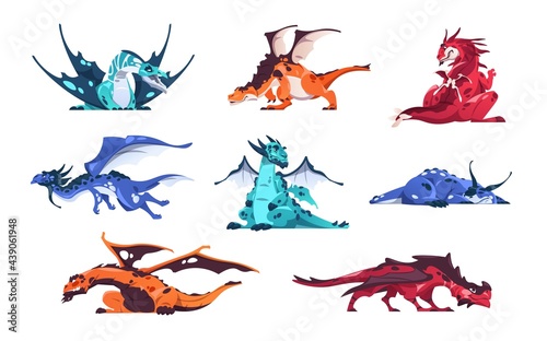 Dragon. Cartoon fairy tale creatures. Magical animals set. Mythological predators flying and sleeping. Monsters hunting. Fictional reptile with wings and tail. Vector lying dinosaurs