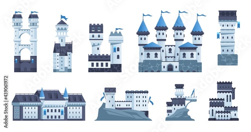 Castle. Cartoon medieval palace or fort with towers and flags. Ancient stone architecture. Isolated historic fortified buildings set. Military protective constructions. Vector strongholds