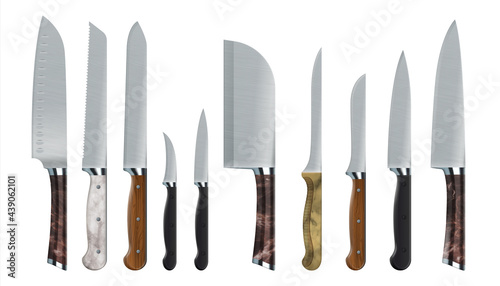 Realistic knives. 3D food carving tools. Stainless steel sharp blades. Kitchen cutters. Metal cookware. Daggers for cutting meal into slices. Household kitchenware. Vector crockery