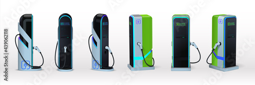 Car charger. Realistic electromobile charging station. View from different sides on 3D equipment set for auto accumulator recharging. Alternative fuel. Vector green energy technology