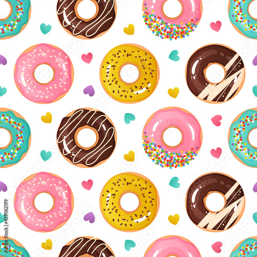 Donut pattern. Seamless texture of sweet desserts. Tasty doughnuts. Cartoon glazed confectionery and colorful heart confetti. Yummy food. Cute wrapping paper template. Vector background