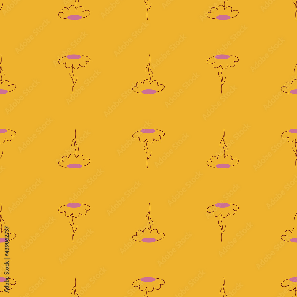 Meadow flowers seamless pattern with contoured chamomile print. Summer backdrop. Orange colors. Meadow flowers seamless pattern with contoured chamomile print. Summer backdrop. Orange colors.
