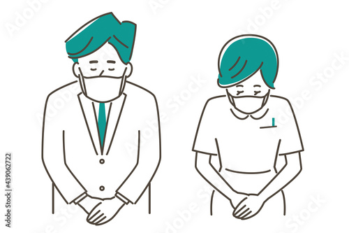 おじぎする医者と看護師のイラスト素材 マスクあり