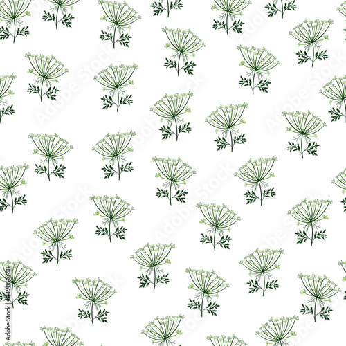 Hand drawn seamless pattern with blue colored random dill umbrella elements. Isolated botany shapes print.