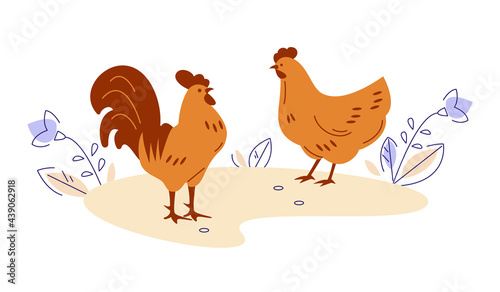 Rooster and hen. Vector illustration in flat cartoon style.