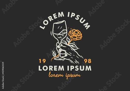 Illustration drawing of hand holding rose and wine