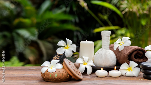 Thai Spa.  Massage spa treatment aroma for healthy wellness and relax. Spa Plumeria flower for body therapy.  Lifestyle Healthy Concept