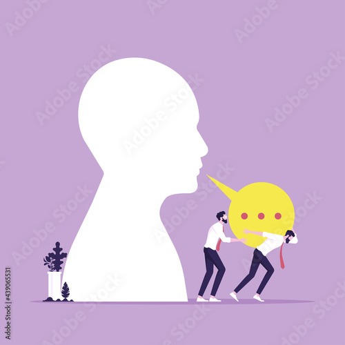 illustration on negative impact of spoken words concept, Group of businessmen carrying the speech bubble, businessmen withstand pressure on speech bubble