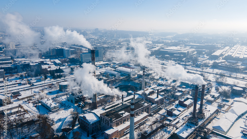 Fototapeta premium aerial view of factory pipes pollution problems
