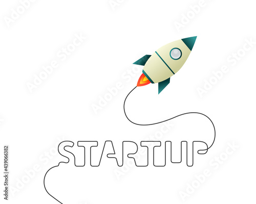 Startup and rocket concept. Spaceship trail line shaping the word start up. Space shuttle as new business, idea, launch, exploration, success symbol. Vector illustration isolated on white background.