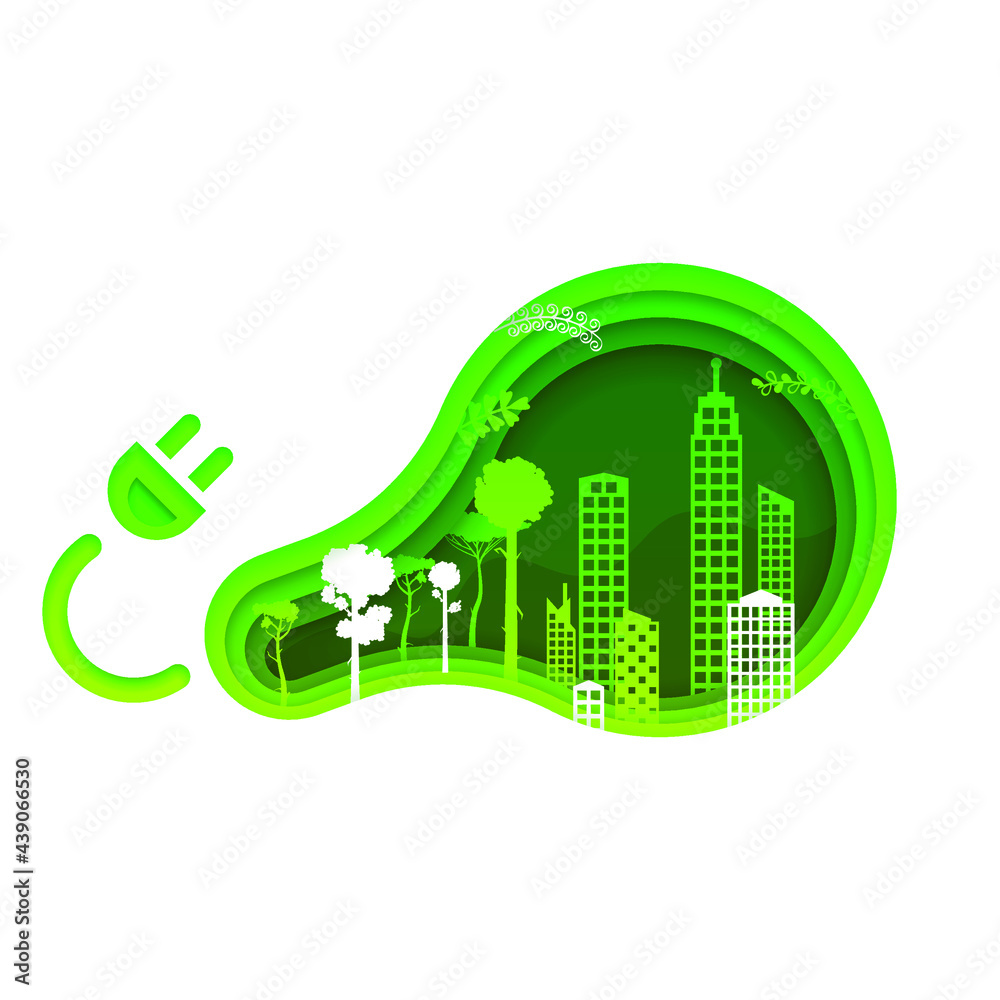 Green Abstract Paper Cut Bulb Lamp Design Elements Vector Background City Trees Branch Origami Concept Silhouette Nature Forest Eco