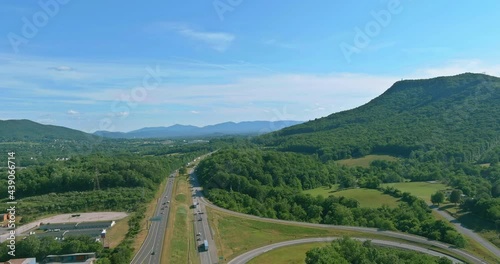 View of the mountains in West Virginia valley of highway intersection traffic circle road in Daleville town photo